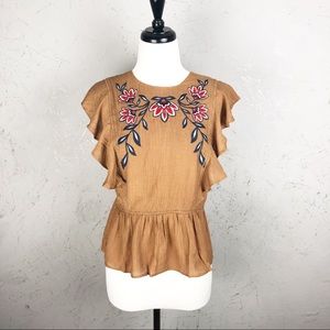 Moon River Boho Embroidered Ruffle Sleeve Top